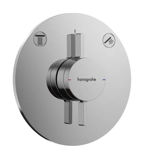 Chromatischer Mischhebel von Hansgrohe, montiert auf einer runden Wandplatte, mit zwei Steuergriffen für verschiedene Verbraucher und Symbolen für Wasserablass und Handbrause.